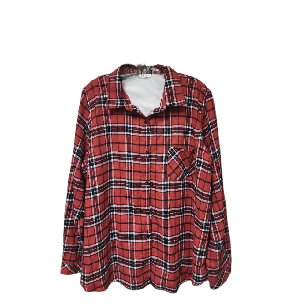 E. Luna Red Plaid Flannel Button Front Shacket With Sherpa  Lining …